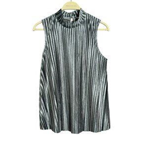 Lilla P Blouse Top Sleeveless Pleat Women Size M High Neck Silver Metallic Party